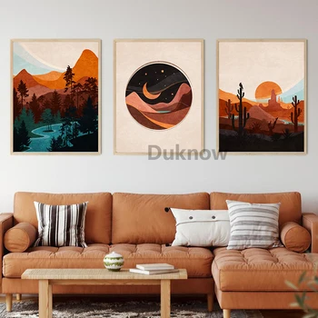 Boho Abstract Soarele și Luna Peisaj Pictura Panza Printuri Galerie de Arta de Perete Poze Desert Sunrise Poster Living Decorul Camerei