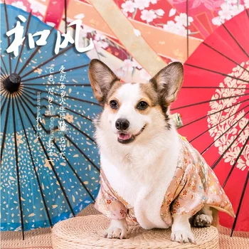 Winter Japanese Kimono Cat Dog Clothes Cherry Blossom Pattern Pet Dog Jacket With Belt For Corgi Custom Large Size Clothes ZH980