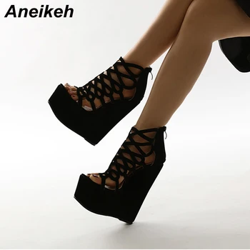 Aneikeh 2021 Nou Sexy Negru Turma Peep Toe Gol afară de Pene Pantofi de Vara Platforma de Moda Capac Toc cu Fermoar Sandalias Mujer