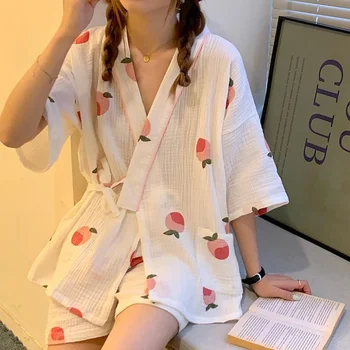 Kimono Pentru Femei Din Bumbac Pijamas Set 2 Bucati Fata În Pijamale Roz Boboc Floral Print Pijama De Vara 2021 Alb Pijamale De Epocă Îmbrăcăminte De Noapte