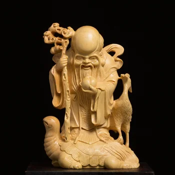 Cimișir Sculptură Broasca Macara Dumnezeu de Longevitate Lemn Shou Xing Statuie de Decorare Ziua de nastere Cadouri Mitologia Sculptura Decor Acasă