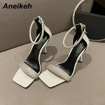 Aneikeh 2021 Moda de Vara PU Glezna Cristal Marginita Bling sandale Sexy Sandale Gladiator Capac Toc cu Fermoar pentru Femei Pantofi de Partid