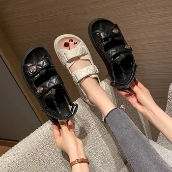 2021 Femei Sandale Negru Carouri Casual din Piele PU Plat Velcro Retro Marca Roman de Lux, Designeri de Brand