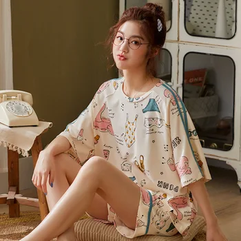 Pijama de vara pentru femei costum cu maneci scurte coreean jumătate maneca fata 2021 nou minunat bumbac pur dimensiuni mari split uzura acasă