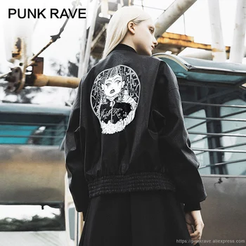 PUNK RAVE Fete Gotic Imprimate cu Fermoar din Piele Faux Moda Toamna Frumos Casual Femei Negru Jachete de Blana