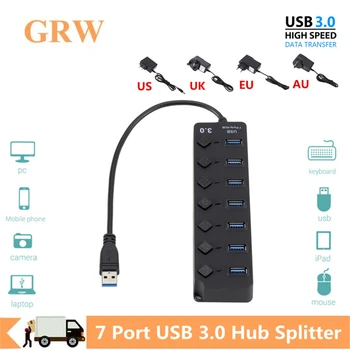 GRWIBEOU Hub USB 7 Porturi USB 3.0 Hub Splitter Comutator On/Off cu SUA/marea BRITANIE/UE/AU Putere Adaptor de Mare Viteza pentru Laptop MacBook PC