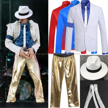MJ Michael Jackson Haina Pantaloni Tricou Capac Smooth Criminal Stripe Costum Sacou Costum Sfinților Costum Cosplay Petrecere Prop