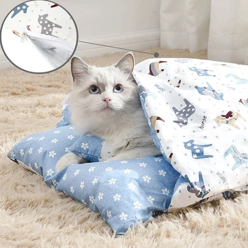 Japonezul Pat Iarnă Detașabil Cald Cat Sac de Dormit Somn Adânc Câine de Companie Pat Pisici de Casa Cuib de Perna cu perna
