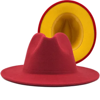 Simplu Exterior PORTOCALIU Interior ALBASTRU de Lână Simțit Jazz Pălării Fedora Cu Curea Subțire Catarama Bărbați Femei Margine Largă Panama Trilby Capac 56-58-60CM