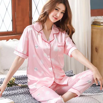 Thoshine Brand China Satin de Mătase seturi de Pijamale de Topuri și Pantaloni Femei de Imprimare Pijamale Casual, Haine de Acasă Sleepwear Butoane de Închidere