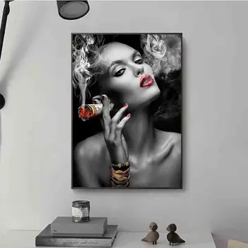 Modern Alb-Negru Sexy Femeie Fumat Panza Pictura Postere și de Imprimare Arta de Perete de Imagine pentru Camera de zi Acasă Cuadros Decor
