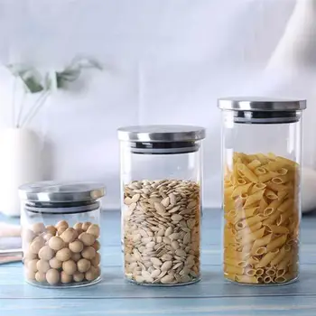 1PC Glass Jars with Stainless Steel Cover Glass Spice Jars Storage Tank Food Contain Coffee Bean Jars and Lips Sealed Jar WB 082