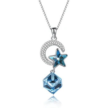 ZEMIOR Real 925 Sterling Silver Moon Star Colier Pentru Femei Pătrat Albastru Austria Cristal Dublu Pandantiv Coliere Bijuterii Fine