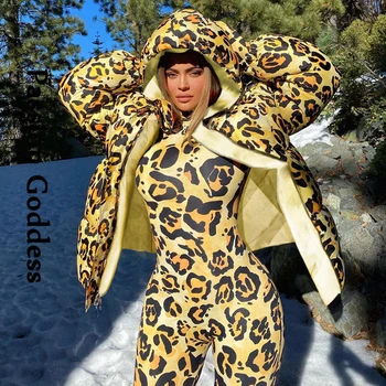 Iarna Femei Sexy Leopard Cu Gluga În Jos Jachete Largi Groase Cald Puffer Jacheta Cu Gluga Quilted Parka Jos Supradimensionate Bubble Straturi