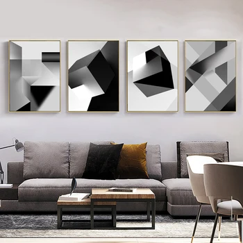 Abstract Alb-Negru Geometrică Pătrat Panza Pictura Nordică Postere Si Printuri De Arta De Perete Imagini Estetice Decor Camera Fara Rama