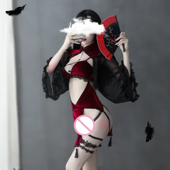 Retro Red Velvet Magia Neagră Costum De Luptă Punk Stil Gotic, Camerista Tentația Răului Demon Deschis Picioare Cosplay Lenjerie Sexy Backless