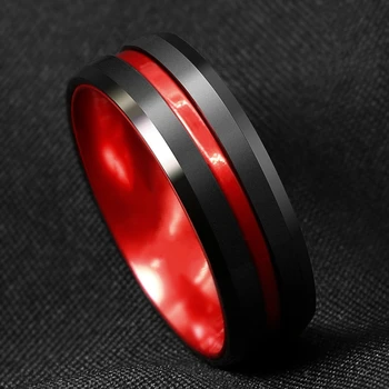 8mm Negru Carbură Oțel Inoxidabil Thin Red Line Nunta Trupa Inel Moda Bijuterii pentru Bărbați Cadouri