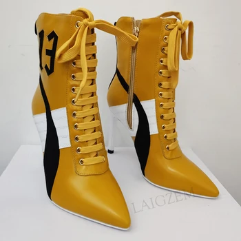 LAIGZEM Femei de Calitate Glezna Cizme din PIELE Dantela-Up Zip Up 9.5 CM Tocuri Cizme Mozaic Pantofi de Femeie Botas Pantofi Marime Mare 38 41 43