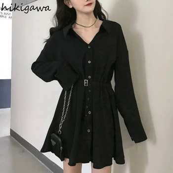 Hikigawa Îmbrăcăminte pentru Femei Negru Goth Femei Rochii de O Linie Subțire Talie Mare Femme Halat Japonia, coreea Moda Rochie Mini Vestidos