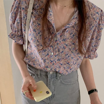 Korejpaa Femei Cămașă De Vară 2021 Coreean Chic Dulce Vârstă-Reducerea Florale Rever Single-Breasted Pierde Casual Manșon De Puf Bluze