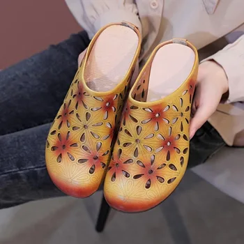 GKTINOO 2021 Noi de Vara Sandale lucrate Manual din Piele pentru Femei Papuci Pantofi Retro Floare Plat Sandale de Vara