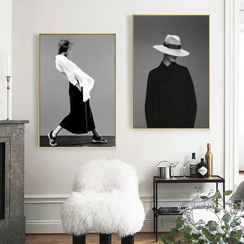 Negru, Alb, Femeie de Moda Poster Nordic Epocă Figura de Perete de Arta de Imprimare Panza de Pictura Imagini pentru Living Decor Acasă