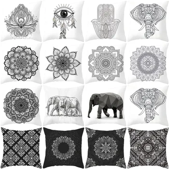 Alb și negru Stil Național Mandala Elefant Serie de Imprimare Decorațiuni interioare Poliester Pernă Acoperă
