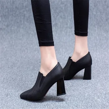 A subliniat toe Mijlocul Tocuri Femei Toamna Singură Pantofi Femei piele PU Moale Pantofi Toc Pătrat Femeie Coreea Style Negru pantofi