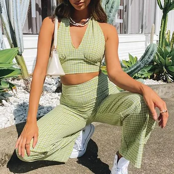 FANIECES Vara Femei Casual New Street Seturi Stil fără Mâneci Căpăstru un Scurt Top, Pantaloni Lungi Carouri Verde Tipărite Două Seturi de Piese