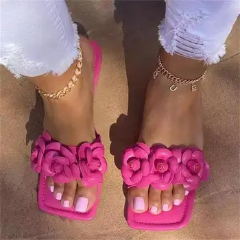 2021 Noua de Pantofi pentru Femei de Moda de Culoare Solidă PU Cap Pătrat de Trei-dimensional Florale Deschis Deget de la picior Toc Plat Confortabil Sandale KM231
