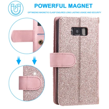 Magnetic Flip Portofel Caz Pentru Samsung Galaxy S8 Fermoar din Piele de Lux, Carduri Magnetice Titularul Slot Sta TPU Telefon Capacul Sac Coque