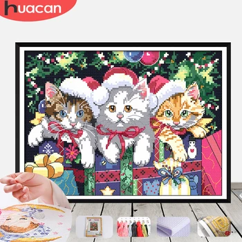 HUACAN Cruce Cusatura Broderie Pisica Animale, lucru Manual Seturi De Kituri Complete de Pânză Albă de Crăciun DIY Home Decor 14CT