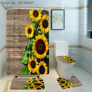 Flori, Perdele de Duș Set 4 Piese Non Alunecare 3D de Floarea-soarelui Imprimare Poliester Toaletă Capac Mat rezistent la apa de Baie, Perdele de Dus