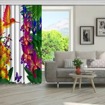 Perdea de Păduri Tropicale, cu Flori Frunze de Plante, Păsări și Fluturi opera de Arta Colorat Galben Verde Violet