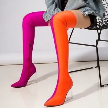 Noua Femeie Peste Genunchi Cizme Femei Amestecat Culori Tesatura Elastica Pene de Pantofi cu Toc Mujer Toc Transparent Timp de Boot mult z667