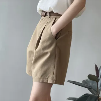 Bumbac, Talie Mare Libertate Costume Pentru Femei Pantaloni Scurți De Vară 2021 Fermoar Solid Direct Casual Largi Picior Cutat Pantaloni Scurți Cu Curea