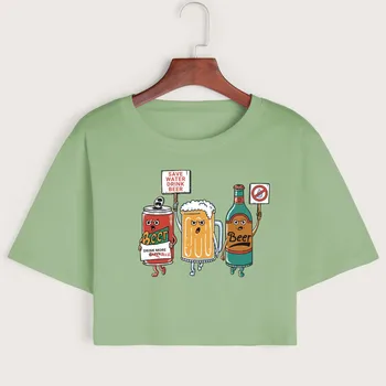 Economisi Apa Bea Bere Femei Culturilor Tricou Trunchiate Tricou Crop Top Tee De Vara Cu Maneci Scurte Din Bumbac Topuri Fete Drăguț Grafic T-Shirt
