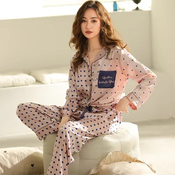 De înaltă Calitate Nouă Femei Pijama Set de Lux Moda Stil Polka Dot Model de Pijamale de Mătase Ca petrecere a timpului Liber Acasă Haine, îmbrăcăminte de noapte