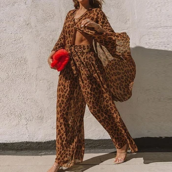 Toamna Femei din Două Piese Set Elegant Leopard de Imprimare Buton de Cămașă și Pantaloni Largi Picior Costume 2020 Moda cu Maneci Lungi 2 Bucată de Costume