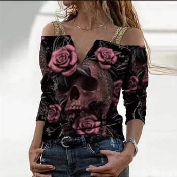 2021 Nou Print Vintage Maneca Lunga T-Shirt Femei Sexy Sling V-Neck De Pe Umăr Topuri Elegante De Trandafir Model De Tricou Streetwear