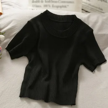 Vara Tricotate T-Shirt Femei Casual Slim Short Sleeve Tee Shirt Stil Coreean O Gât Topuri 202104