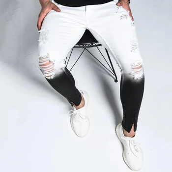 Moda Barbati Skinny Stretch Rupt de sex Masculin Blugi Slim Fit Pantaloni din Denim 2021 Noi Streetwear Gradient Alb-Negru Casual Blugi Barbati