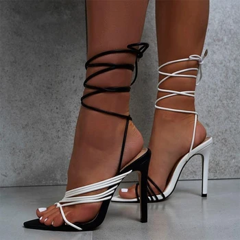 Femei Sandale Gladiator 2021 Femeie de Vara Alb Negru Tocuri inalte Femei Sexy Degetul Ascutit Lamele de sex Feminin Curea Glezna Pantofi pentru Femei