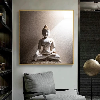 Arta moderna Alb Buddha Sculptat Statuia Panza Pictura Budist Postere si Printuri Living Home Decor Mural