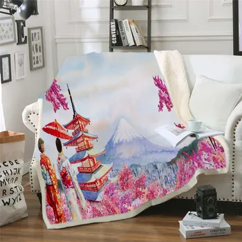 Stil japonez Fuji Munte și Sakura Pătură Mandala 3D Sherpa Fleece lenjerie de Pat de Catifea, Pluș, Flori, Plante Pătură pentru Paturi