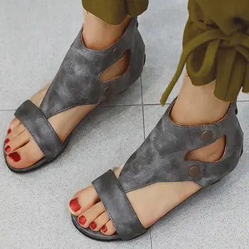 Pantofi pentru femei de Moda Casual, de Înaltă Calitate Culoare Solidă PU Camuflaj Gol Butonul de Deschis Deget de la picior Toc Plat Confortabil Sandale Km011