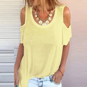 Femei Vara Gât Rotund Liber Casual Culoare Solidă Plus Dimensiune T-Shirt de Pe Umăr Îmbrăcăminte Topuri S-5XL