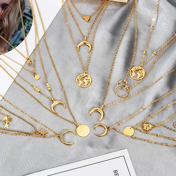 Boem Multistrat Pandantiv Colier pentru Femei Vintage de Culoare de Aur Luna Steaua Clavicula Lanț Cravată Colier 2021 Bijuterii Noi