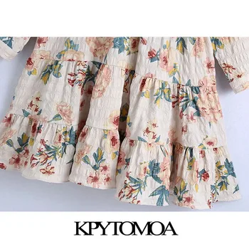 KPYTOMOA Femei 2021 Moda Chic Floral Print Ciufulit Rochie Mini Vintage O Gatului Maneca Trei Sferturi Rochii de sex Feminin Vestidos