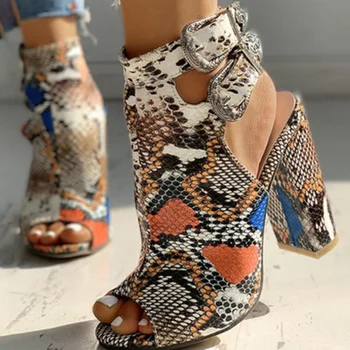 Snake-print Sandale Femei 2021 Moda Catarama Curea Tocuri inalte Sandalias Femei Peep Toe Sandale de Vara Incaltaminte Femei Pantofi